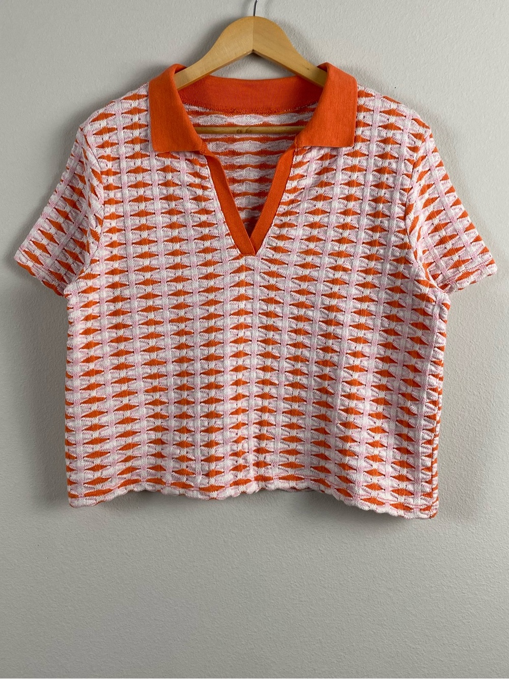 Zara Jacquard Knit Cropped Short Sleeve Open Collar Polo | Orange/White/Pink